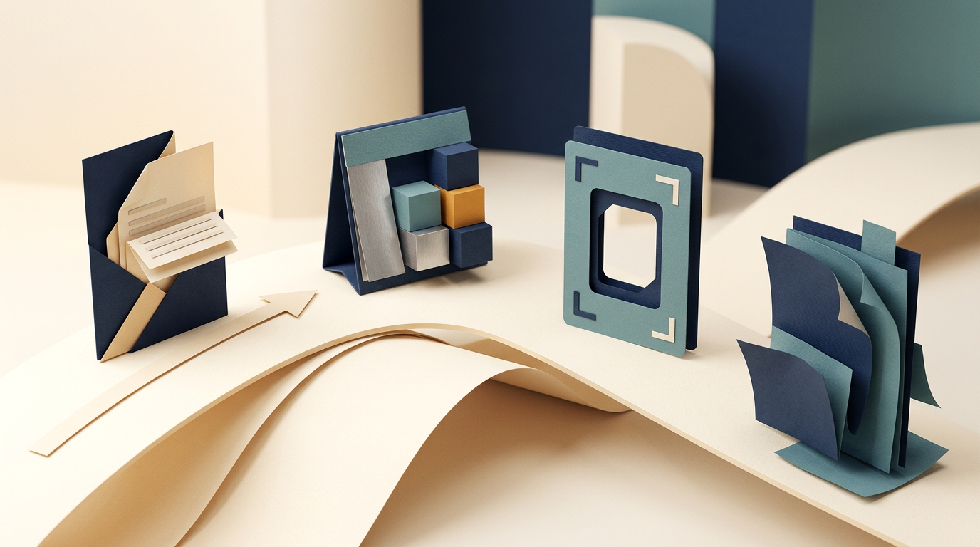 Abstract letter, calendar checkpoints, camera frame, and unfinished packet.